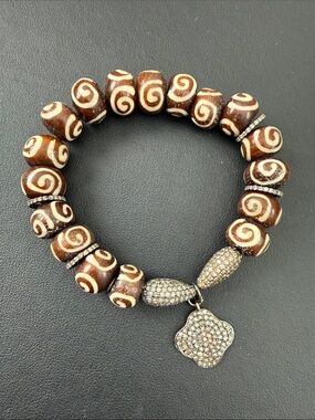 Black Diamond & African Beads Brown Swirl Beaded Charm Bracelet